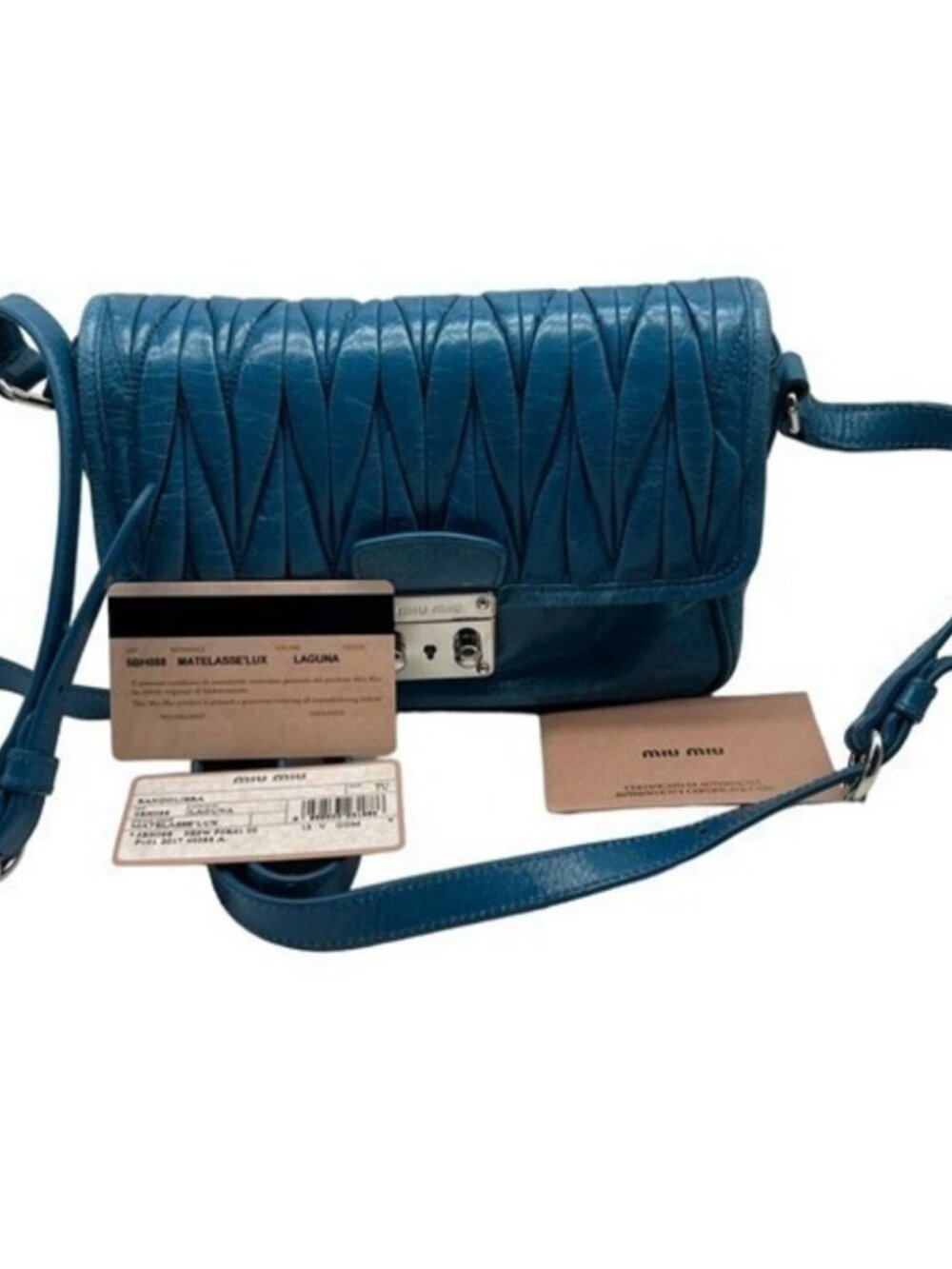 Miu Miu Laguna Matelassé Bandoliera 5BH088 Blue Shoulder Bag | Floor Model
